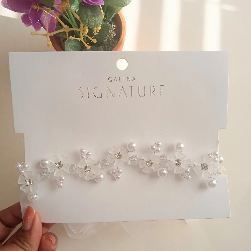 Galina Signature Bridal Pearl Rhinestone Flower Headpiece Hair Accessory - Picture 4 of 5
